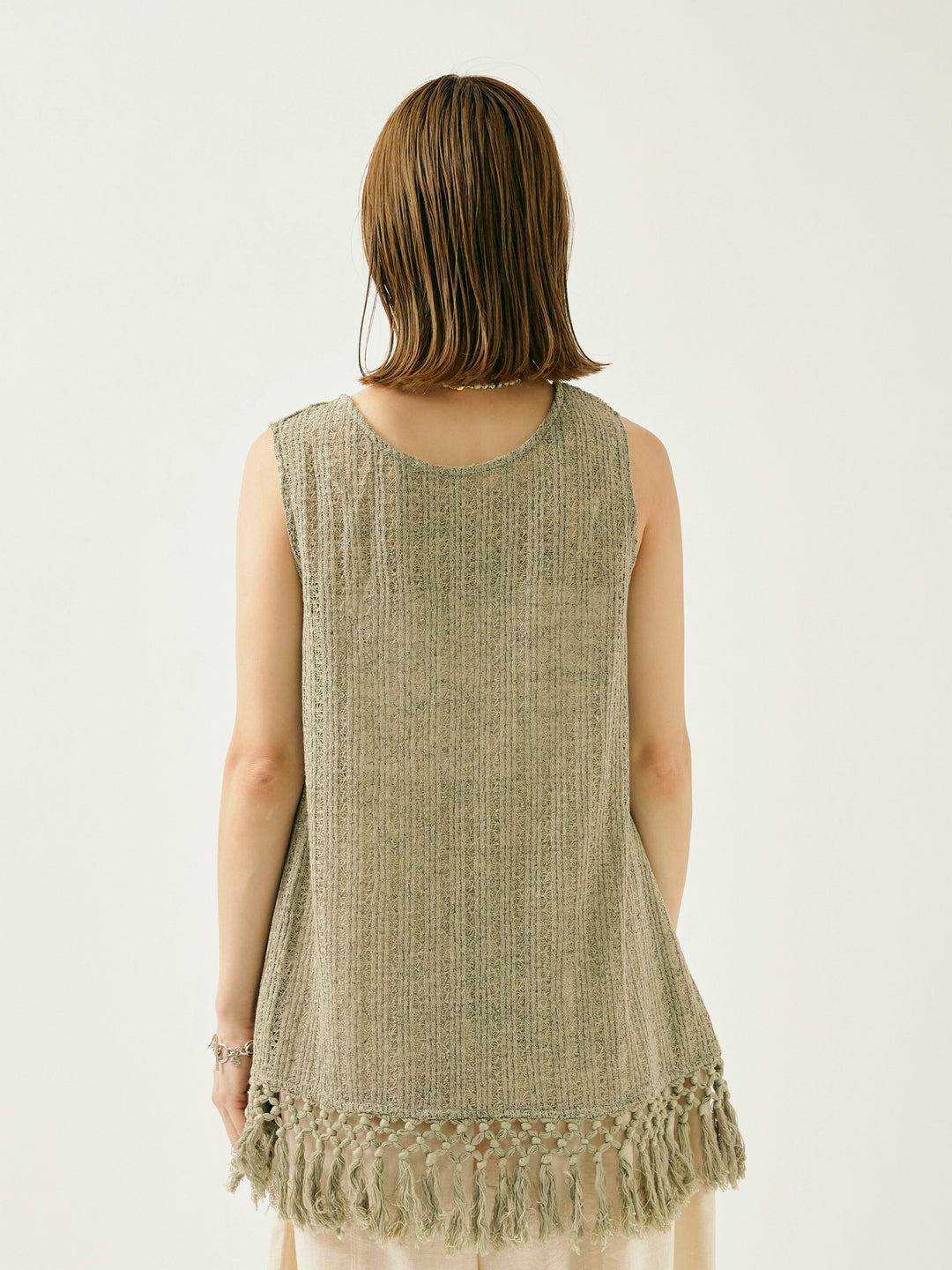 [予約]フリンジ透かし編みニットベスト/カーキ