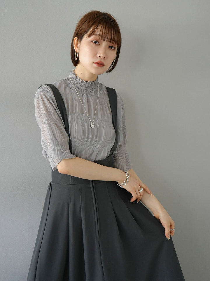 [SET] Shirring chiffon half sleeve blouse + 2WAY flare jumper skirt (2set)