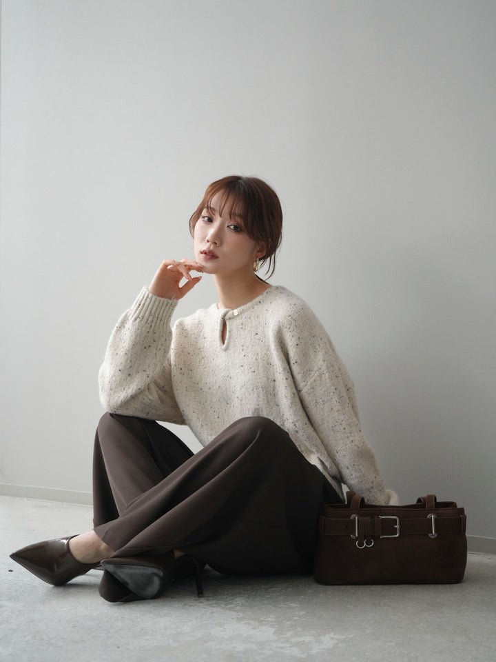 [SET]ツイストネックラメネップヤーンニットプルオーバー+テープベルトタックバギーパンツ(2set)