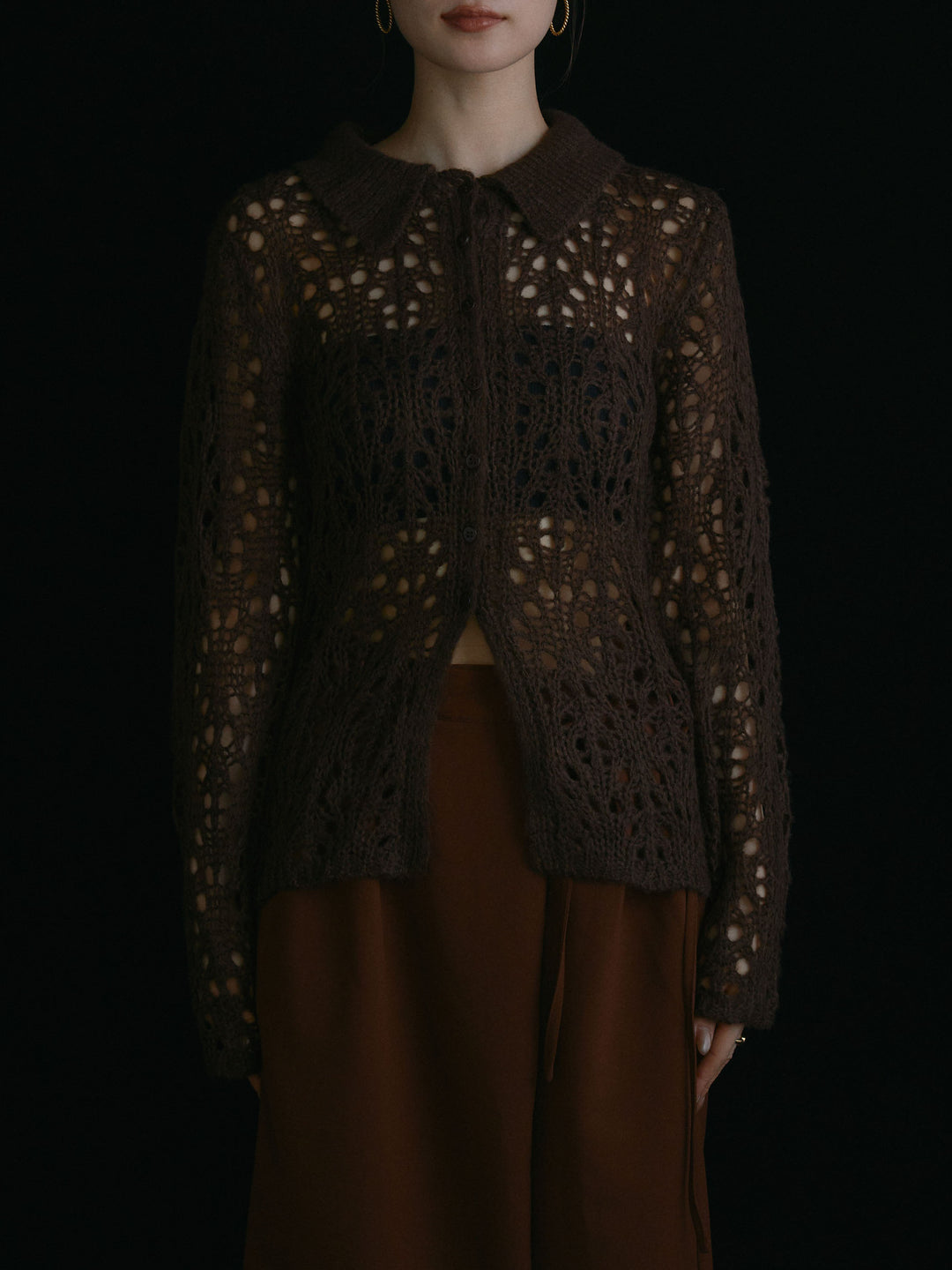 [予約]ローゲージ透かし編みポロニッカーディガン/ブラウン