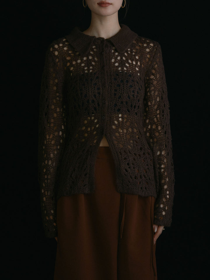 [予約]ローゲージ透かし編みポロニッカーディガン/ブラウン