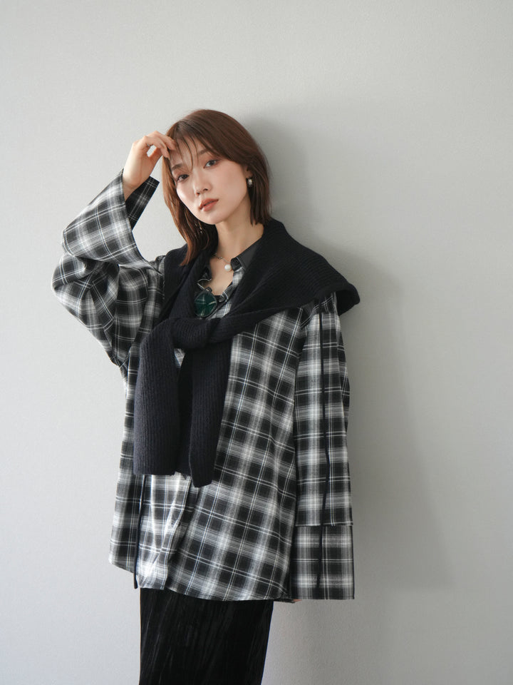 [SET]レザー襟オンブレチェックオーバーシャツ +クラッシュベロアナロースカート(2set)