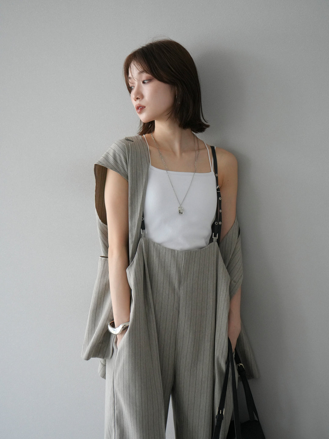 [SET]ヘリンボーンストライプジレ+ヘリンボーンストライプサロペット(2set)