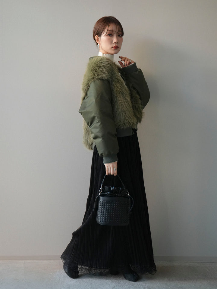 [SET]ファードッキングMA-1+袖ボタンボトルネックリブニットトップス+裾レーススウェードプリーツマキシスカート(3set)