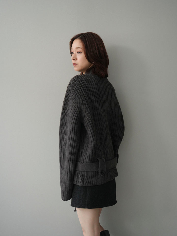 [予約]畦編みボトルネックZIPニットカーディガン/ gray