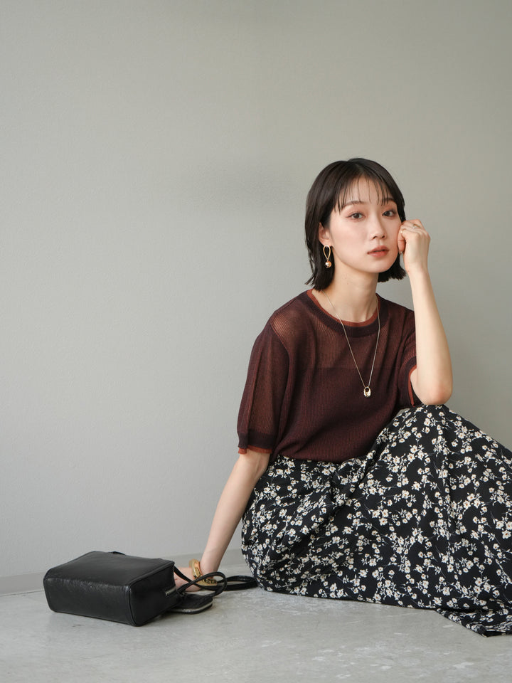 [SET]リネンタッチ配色二重臼ハーフニットトップス+選べるアソート柄スカートセット(2set)