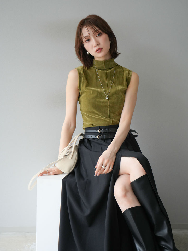 [SET]シアーベロアプチネックノースリーブトップス+エステルプリーツスリットスカート(2set)