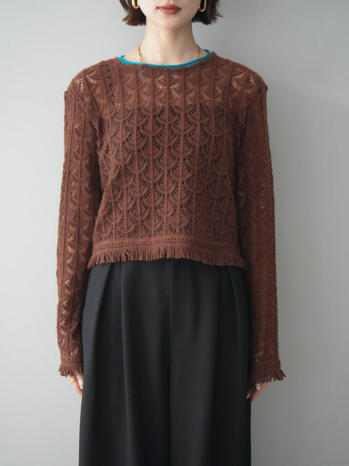 [予約]扇透かし編みクロップドニットプルオーバー/brown