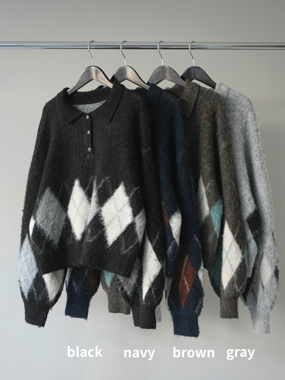 [SET]アーガイル柄ルーズポロニットプルオーバー+ベルトループデザインワイドパンツ(2set)