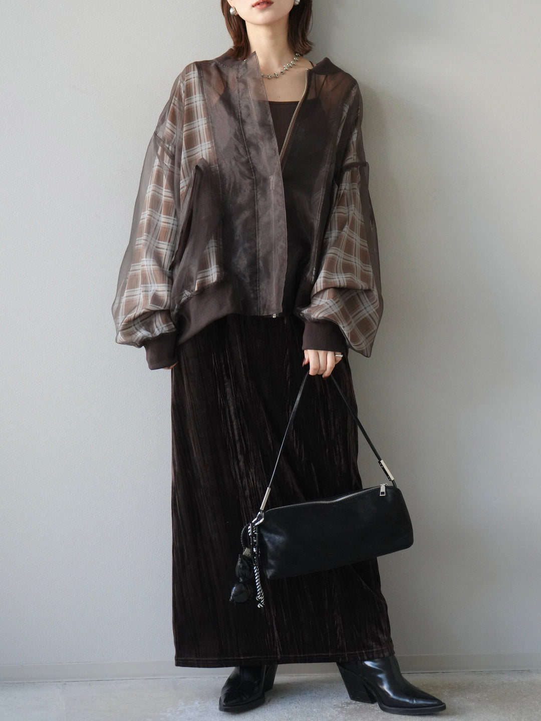 [SET]チェックチュールドッキングブルゾン+クラッシュベロアナロースカート(2set)