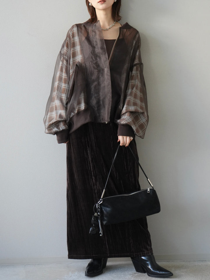 [SET]チェックチュールドッキングブルゾン+クラッシュベロアナロースカート(2set)