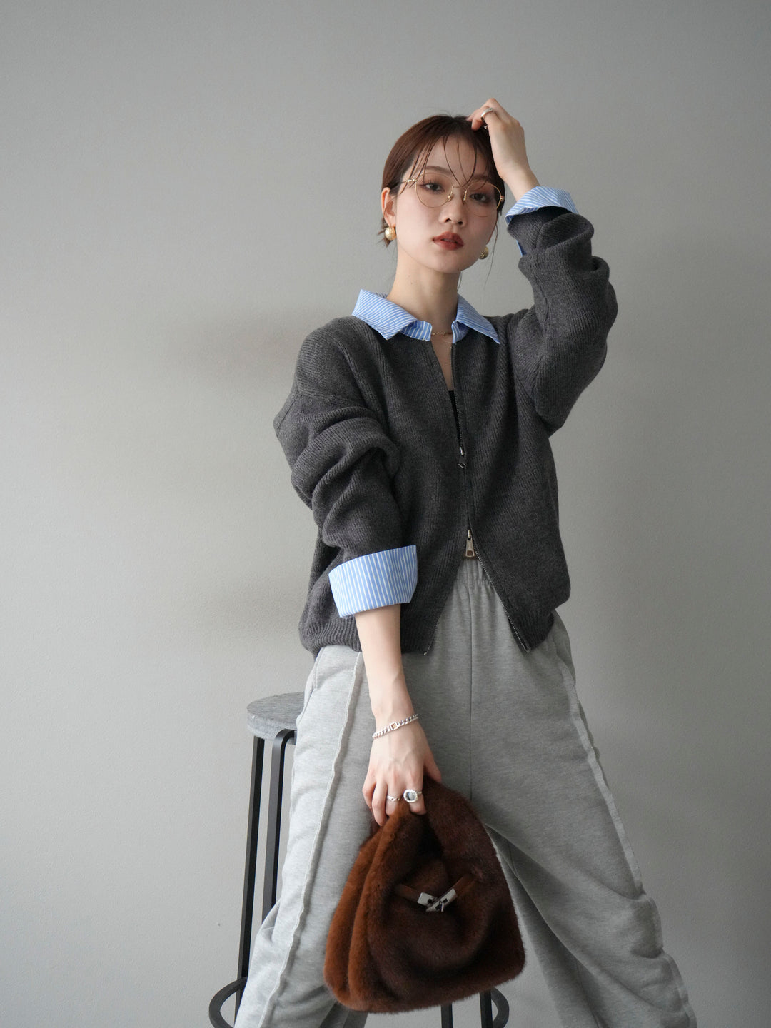 [SET]ストライプシャツレイヤードZIPニットカーディガン+ストライプシャツレイヤードZIPニットカーディガン(2set)