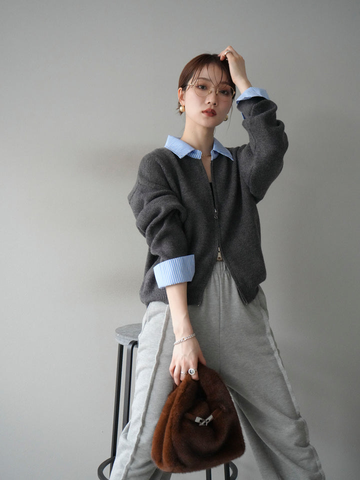 [SET]ストライプシャツレイヤードZIPニットカーディガン+ストライプシャツレイヤードZIPニットカーディガン(2set)