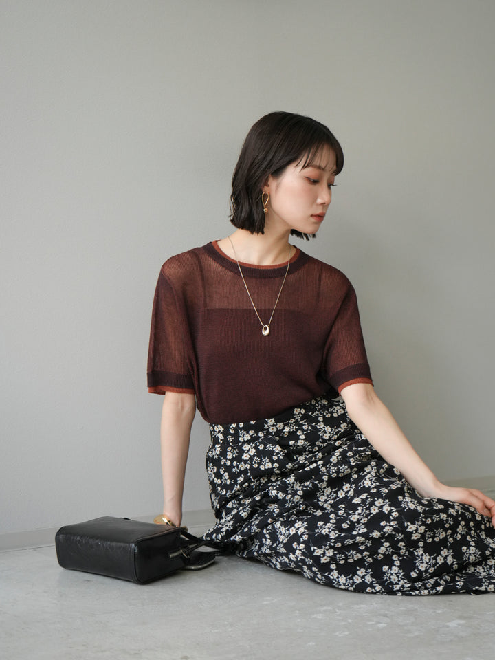 [SET]リネンタッチ配色二重臼ハーフニットトップス+選べるアソート柄スカートセット(2set)