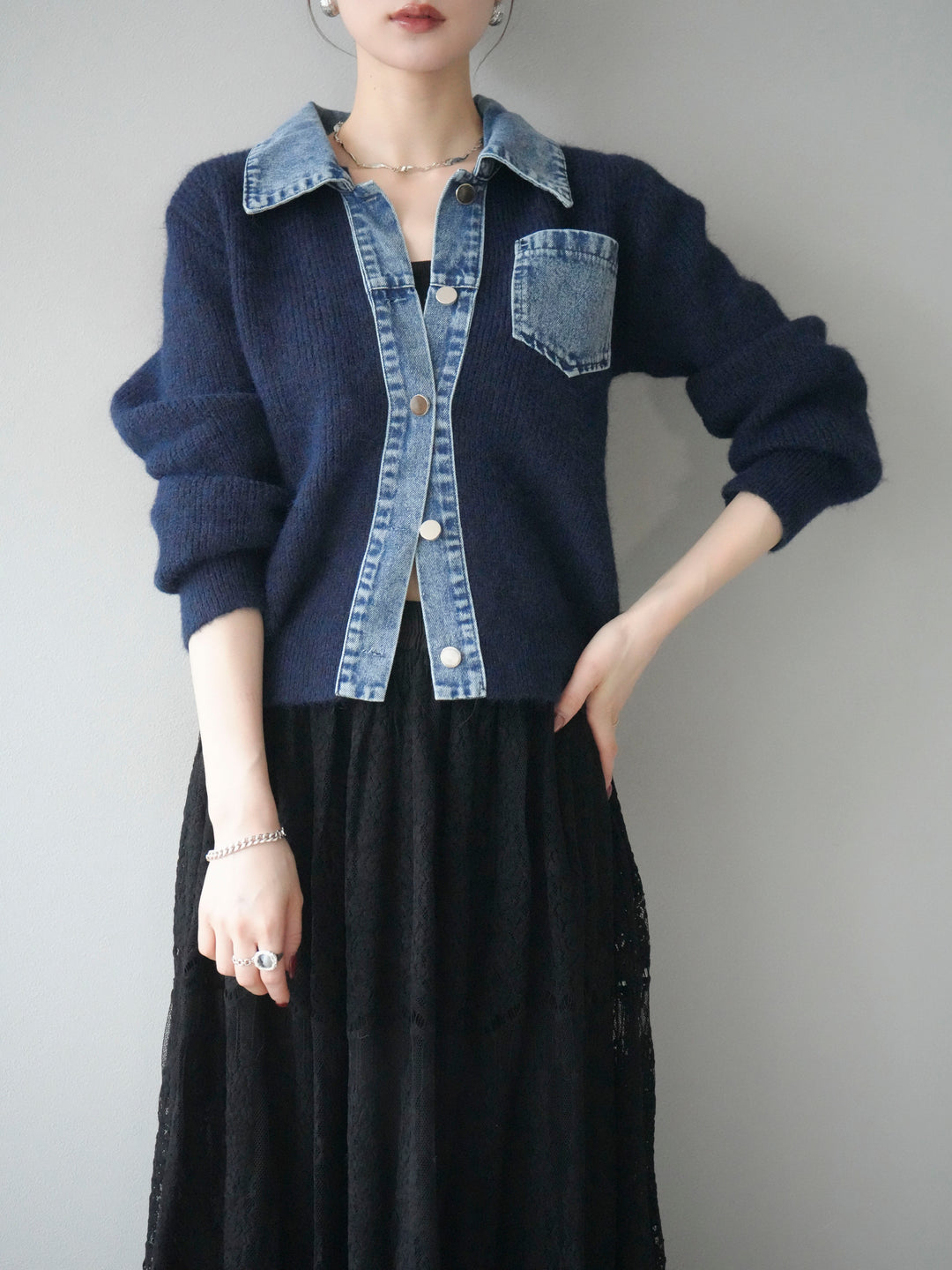 [予約]デニム襟ポケットニットカーディガン/navy