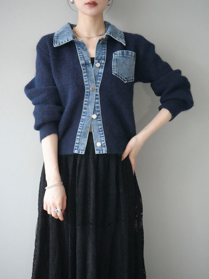 [予約]デニム襟ポケットニットカーディガン/navy