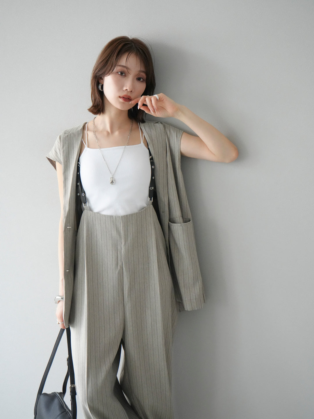 [SET]ヘリンボーンストライプジレ+ヘリンボーンストライプサロペット(2set)