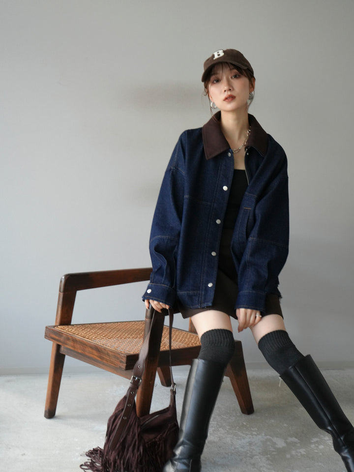 [予約]スウェード襟切替デニムブルゾン/インディゴ