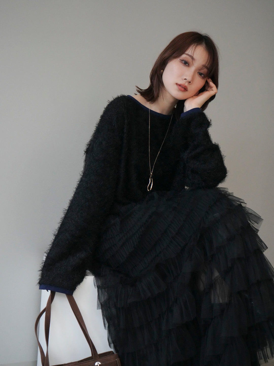 [予約]バイカラー2WAYシャギーニットカーディガン/black