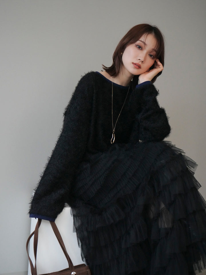 [予約]バイカラー2WAYシャギーニットカーディガン/black