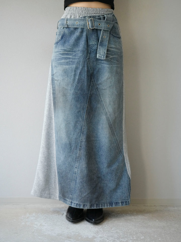 [予約]デザインベルトデニムドッキングスウェットスカート/グレー