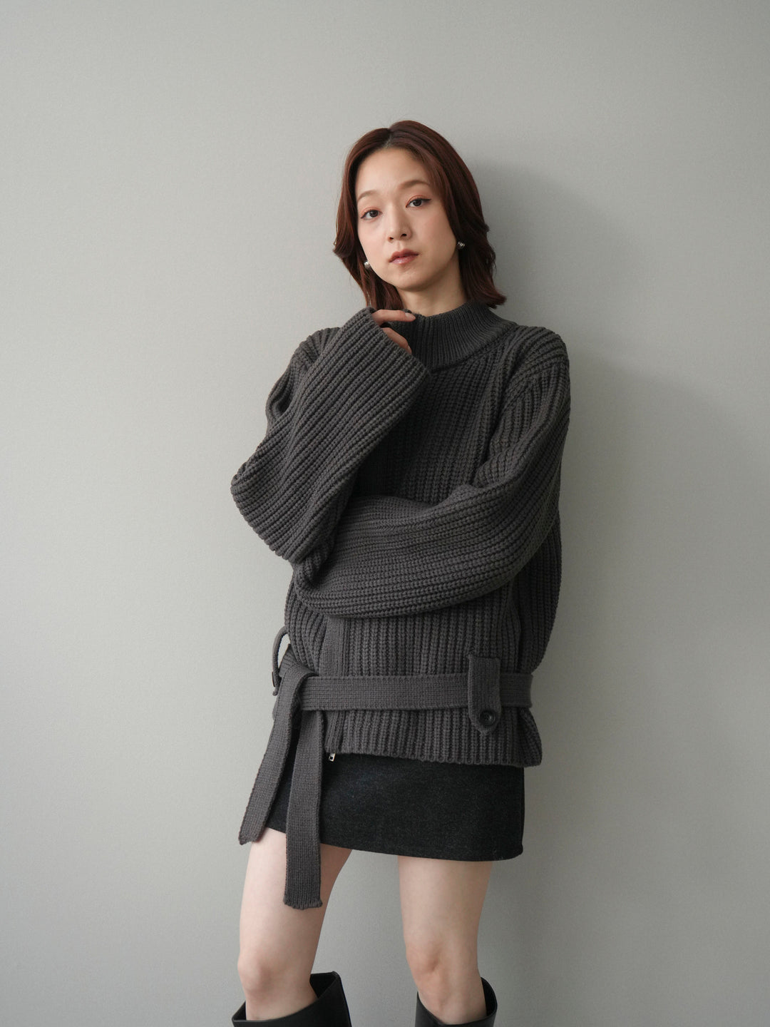 [予約]畦編みボトルネックZIPニットカーディガン/ gray