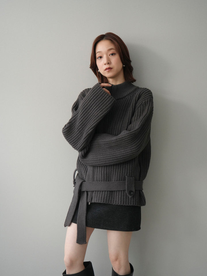 [予約]畦編みボトルネックZIPニットカーディガン/ gray