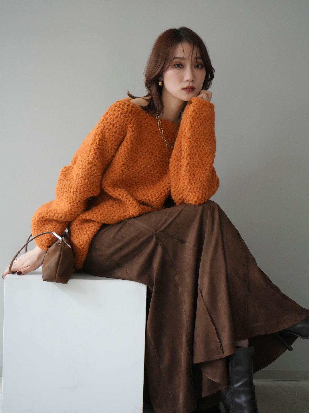 [予約]ワッフル編みオーバーニットプルオーバー/mustard