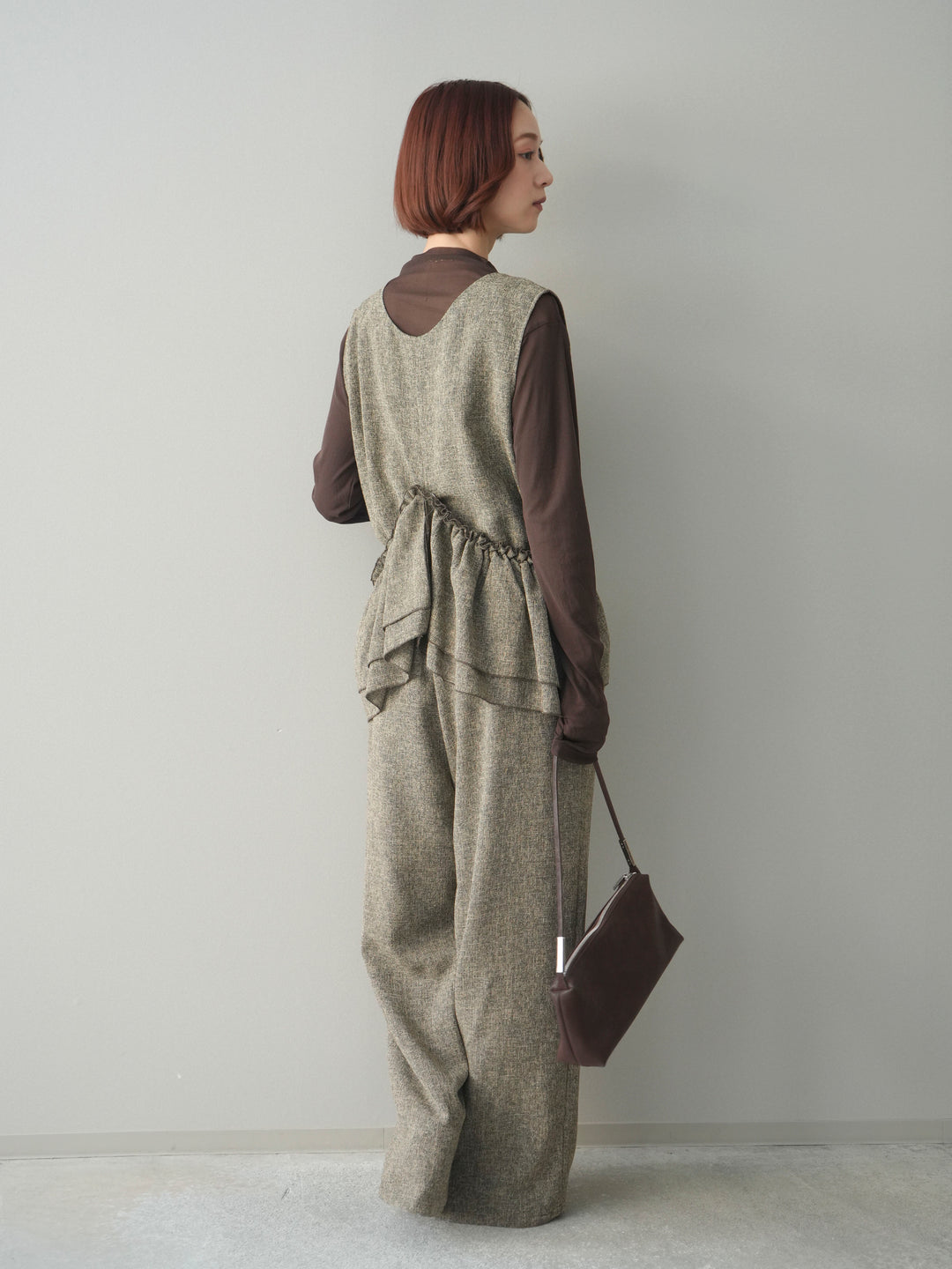 [SET]3WAYミックスツイードギャザーオールインワン+シアープチネックストレッチトップス(2set)