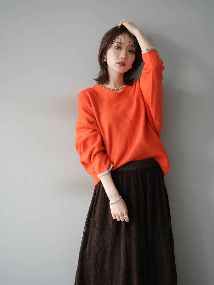 [SET]Vネック配色スリーブニットプルオーバー+選べるアクセセット(2set)