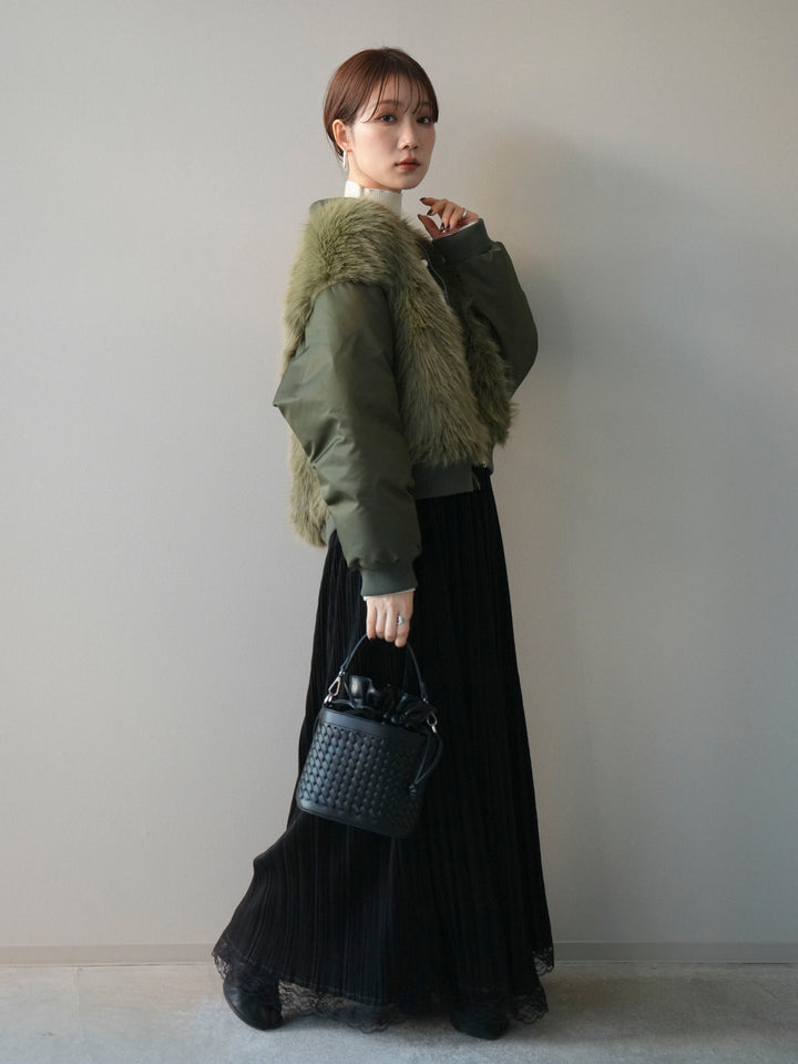 [SET]ファードッキングMA-1+袖ボタンボトルネックリブニットトップス+裾レーススウェードプリーツマキシスカート(3set)