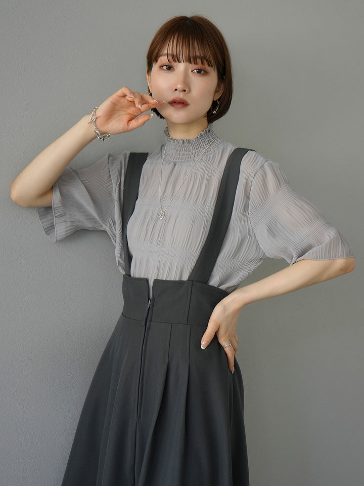 [SET] Shirring chiffon half sleeve blouse + 2WAY flare jumper skirt (2set)