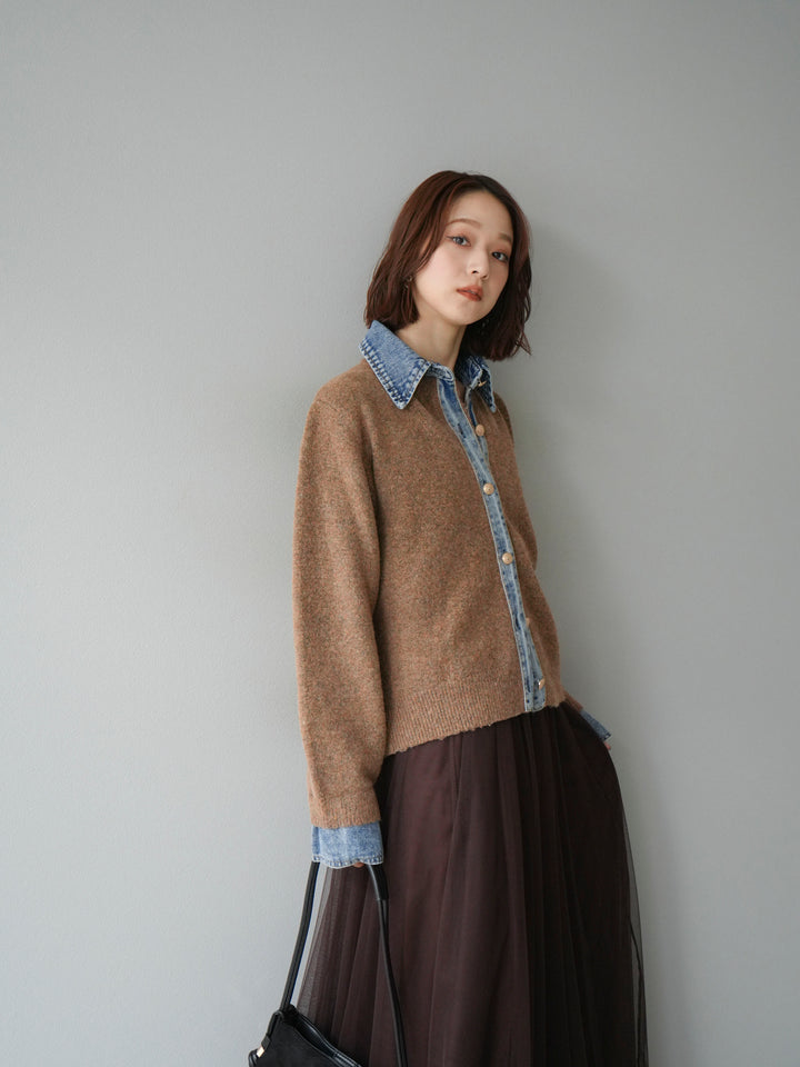 【預購】牛仔領紐扣針織開襟衫/駝色