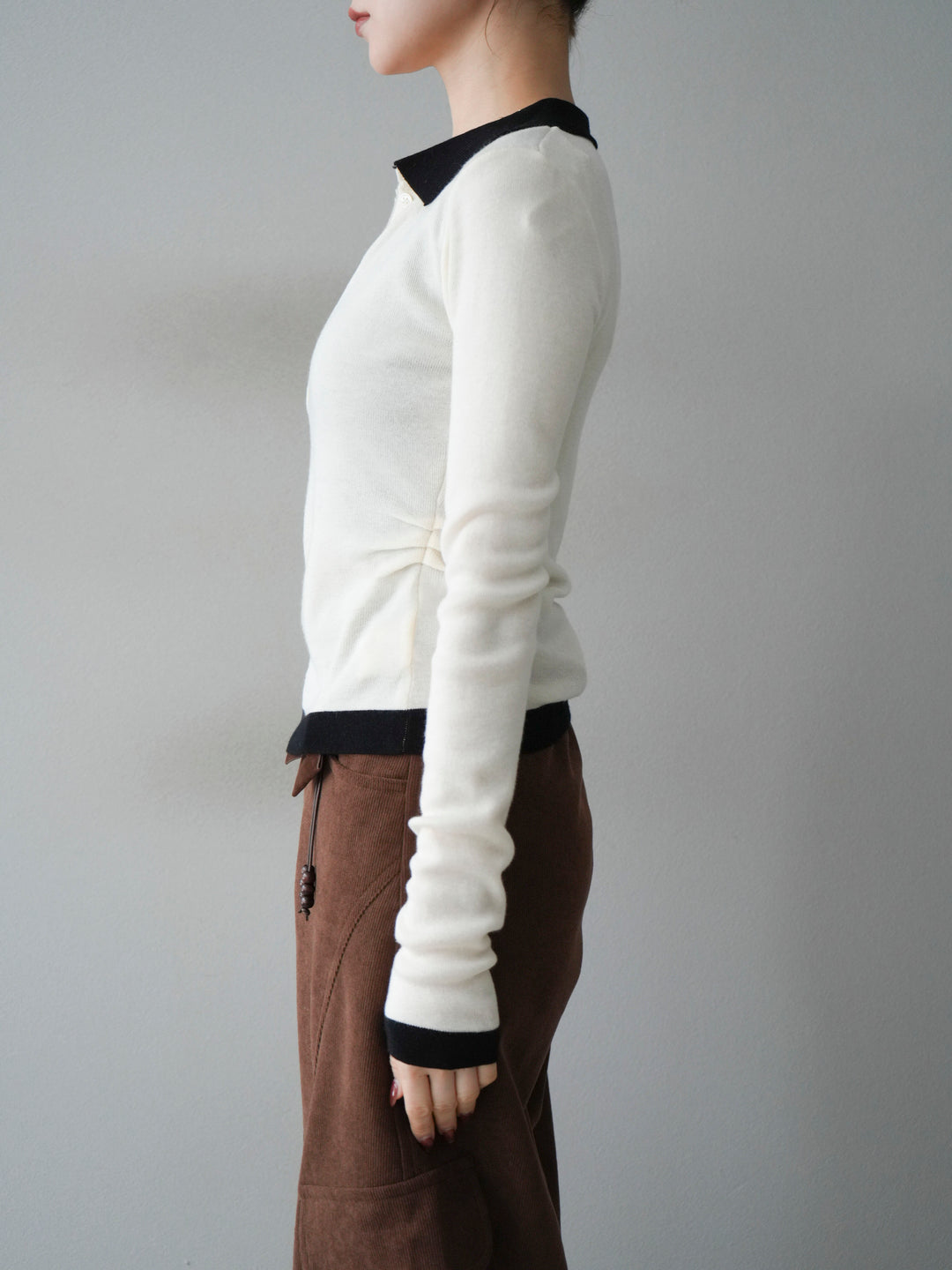 [予約]レイヤード配色ポロニットトップス/beige