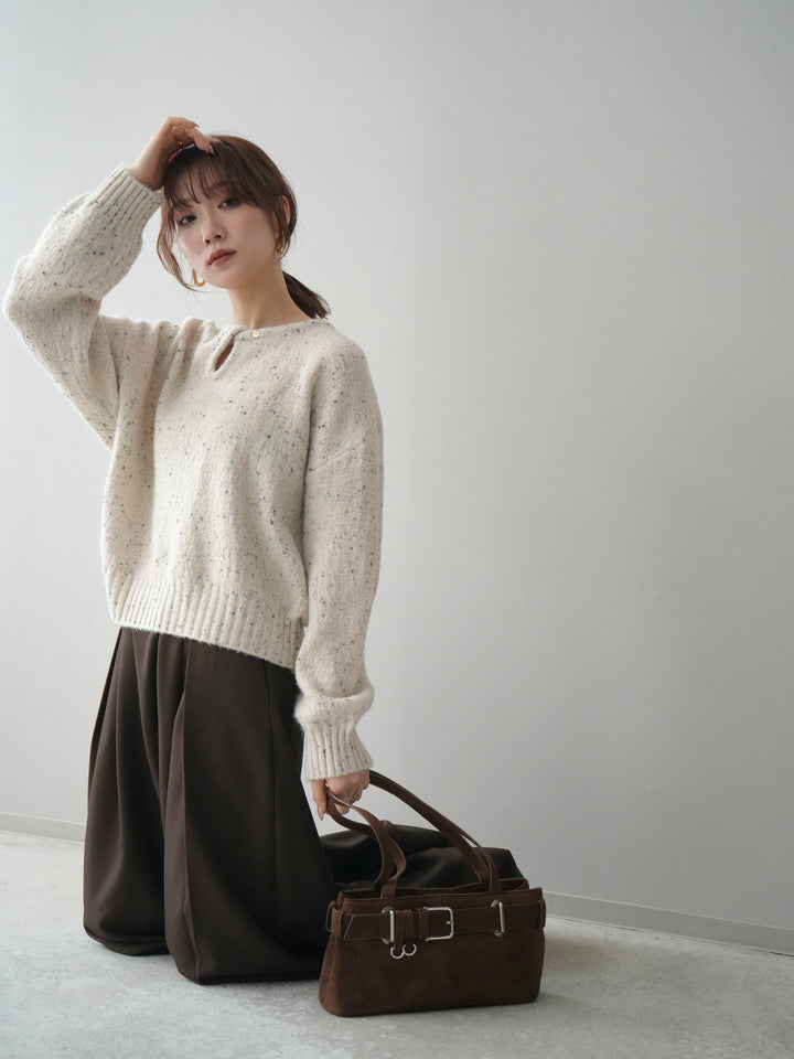 [SET]ツイストネックラメネップヤーンニットプルオーバー+テープベルトタックバギーパンツ(2set)