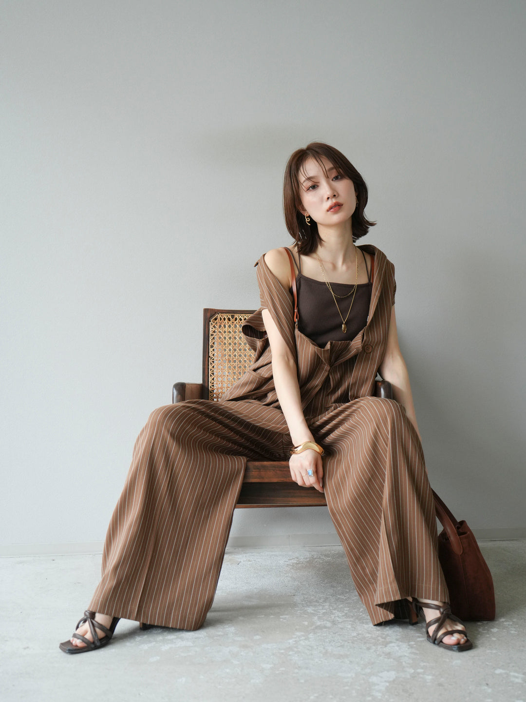 【着回しセット】[SET]ヘリンボーンストライプジレ+シアー切替ベロアトップス+ヘリンボーンストライプサロペット(3set)