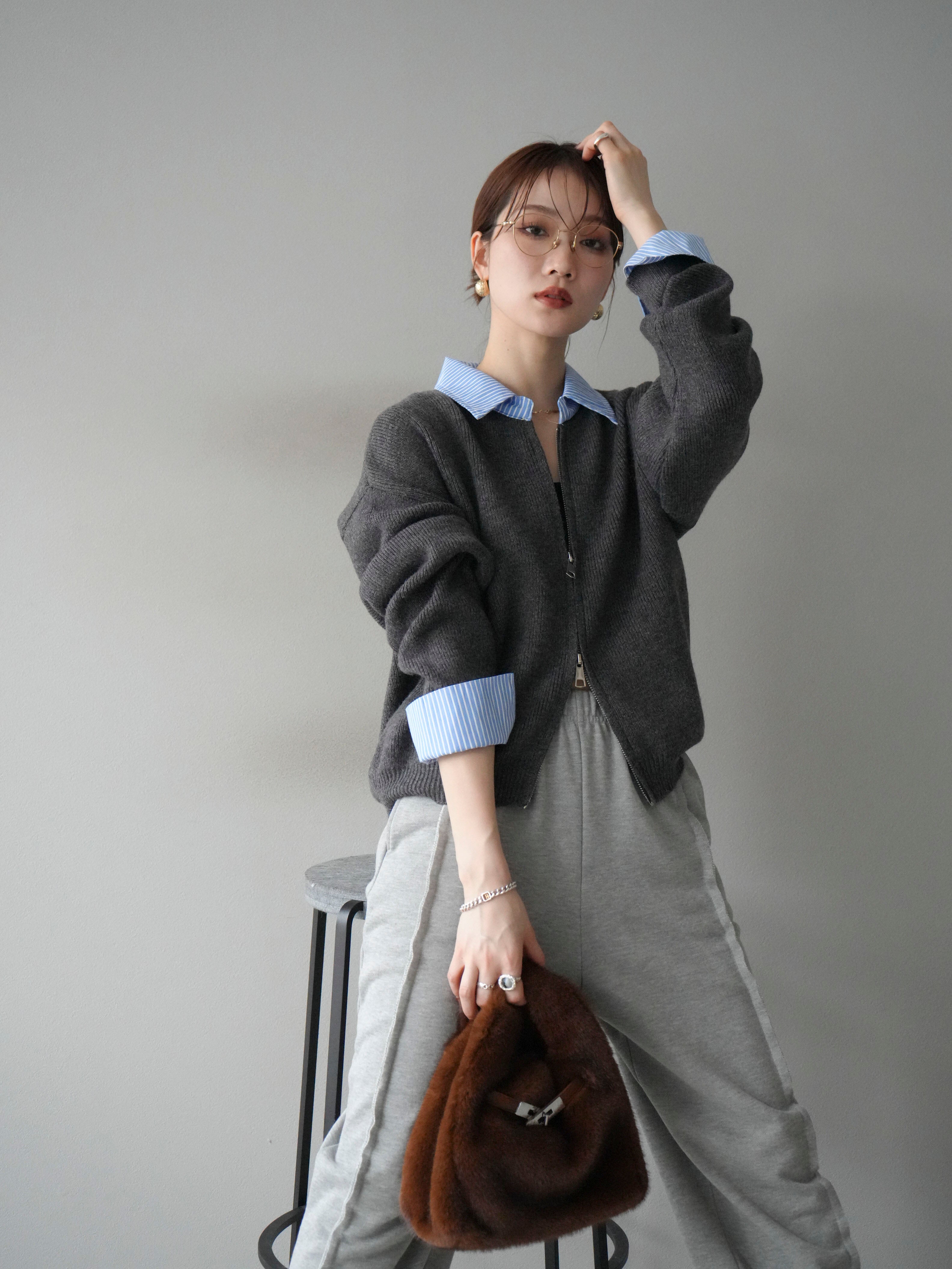 Dior ストライプ シャツ パーカー　スウェット　カーディガン SET]ストライプシャツレイヤードZIPニットカーディガン+2WAYデザイン