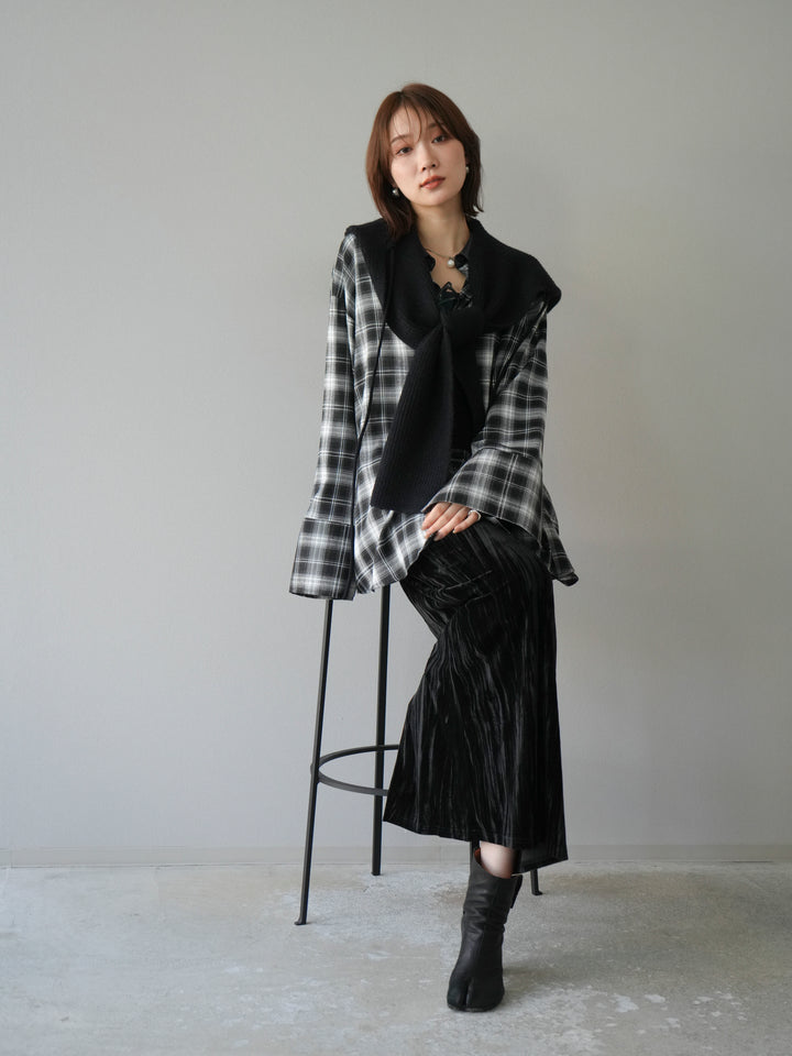 [SET]レザー襟オンブレチェックオーバーシャツ +クラッシュベロアナロースカート(2set)