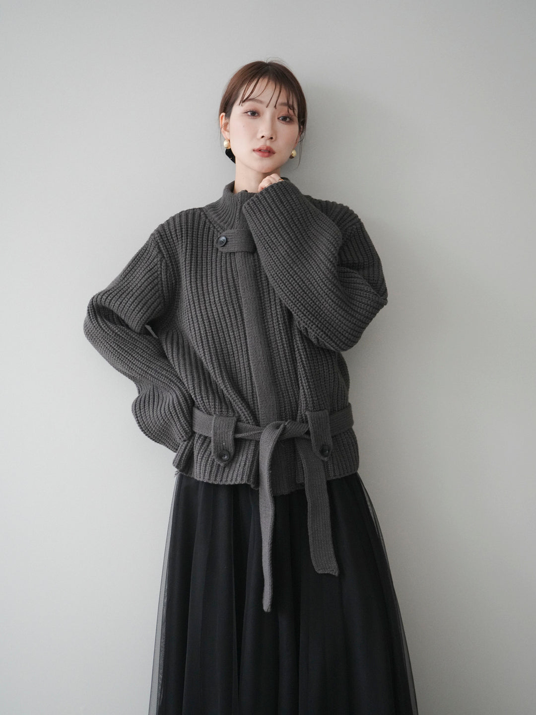 [予約]畦編みボトルネックZIPニットカーディガン/ gray