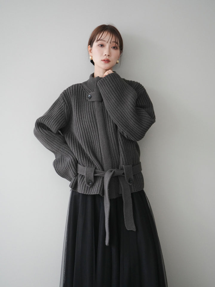[予約]畦編みボトルネックZIPニットカーディガン/ gray