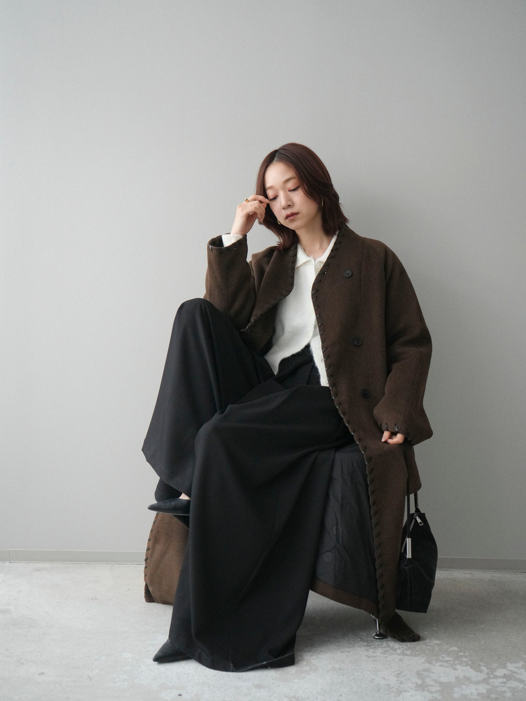 [SET]ハンドステッチ裏中綿ロングコート+モヘア衿付きボタンプルオーバー(2set)