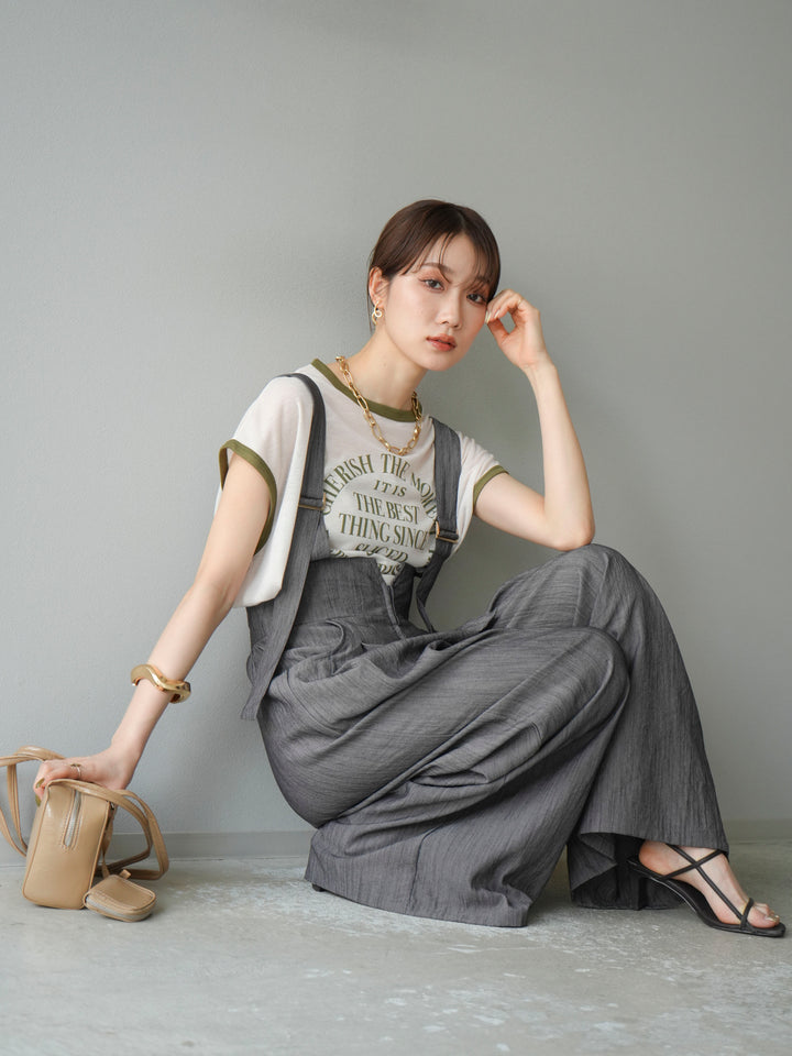 [SET]ストリングデザインハイウエストサロペット+シアーフライス ロゴプリントT (2set)