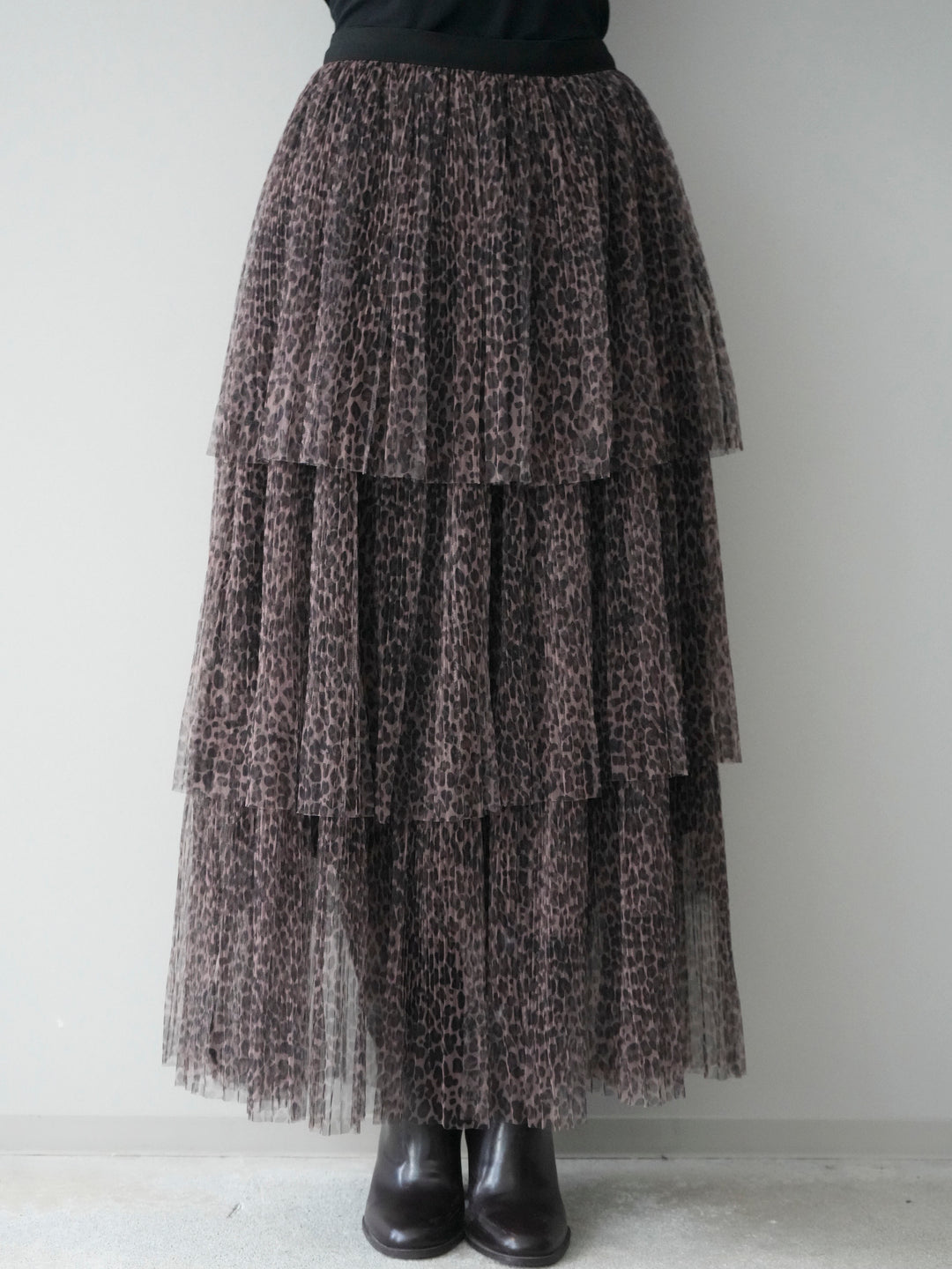 [予約]レオパード柄チュールフリルスカート/brown