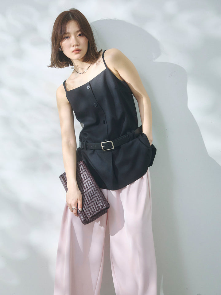 【Allure】[SET]ベルト付テーラードキャミソール+エステルツイルタックワイドパンツ(2set)