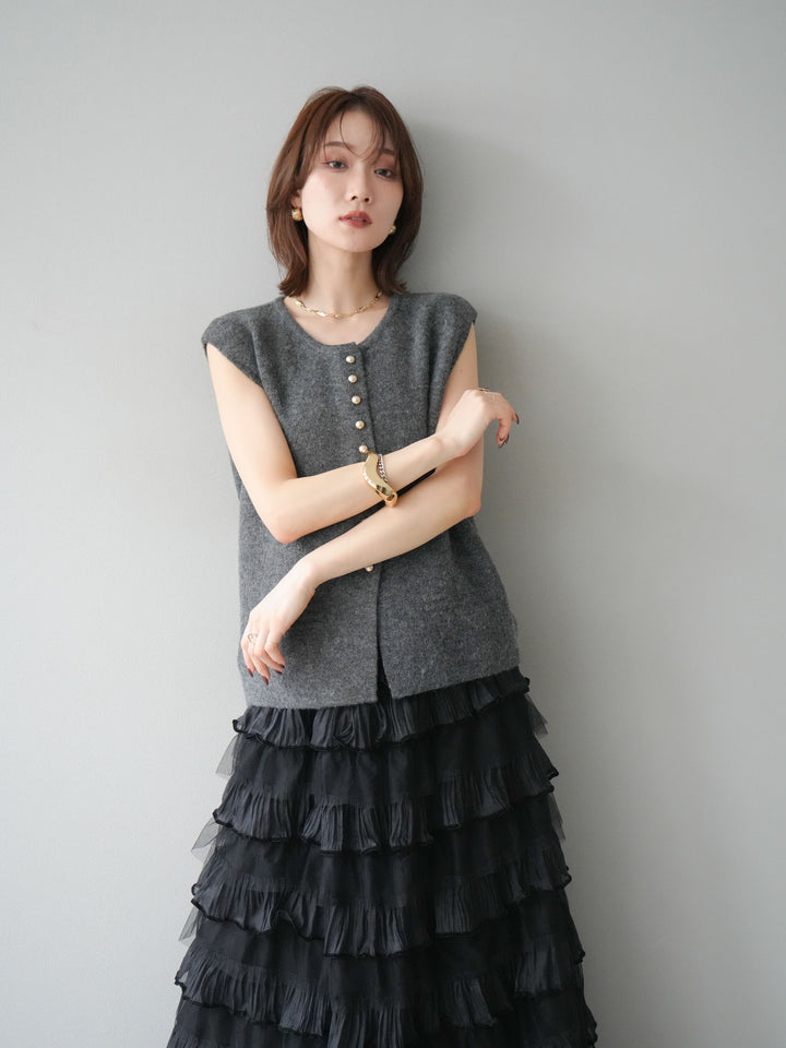 [予約]ゴールドボタンコンパクトニットベスト/ダークグレー