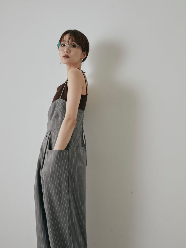 [予約]ヘリンボーンストライプサロペット/チャコール