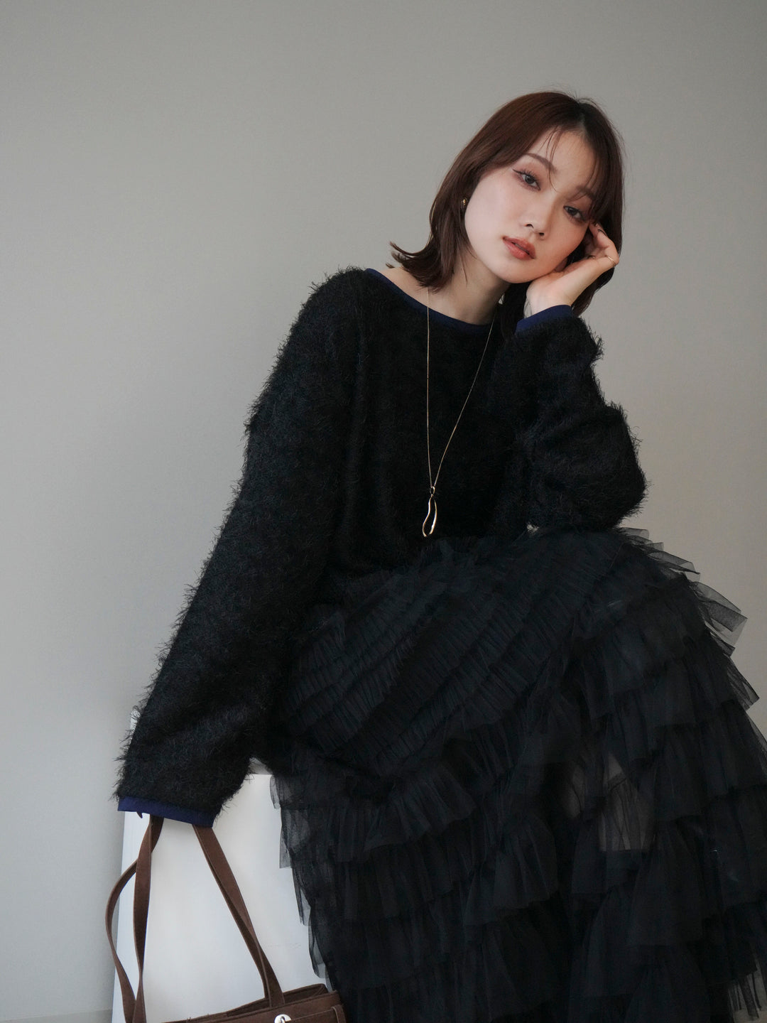 [予約]バイカラー2WAYシャギーニットカーディガン/black