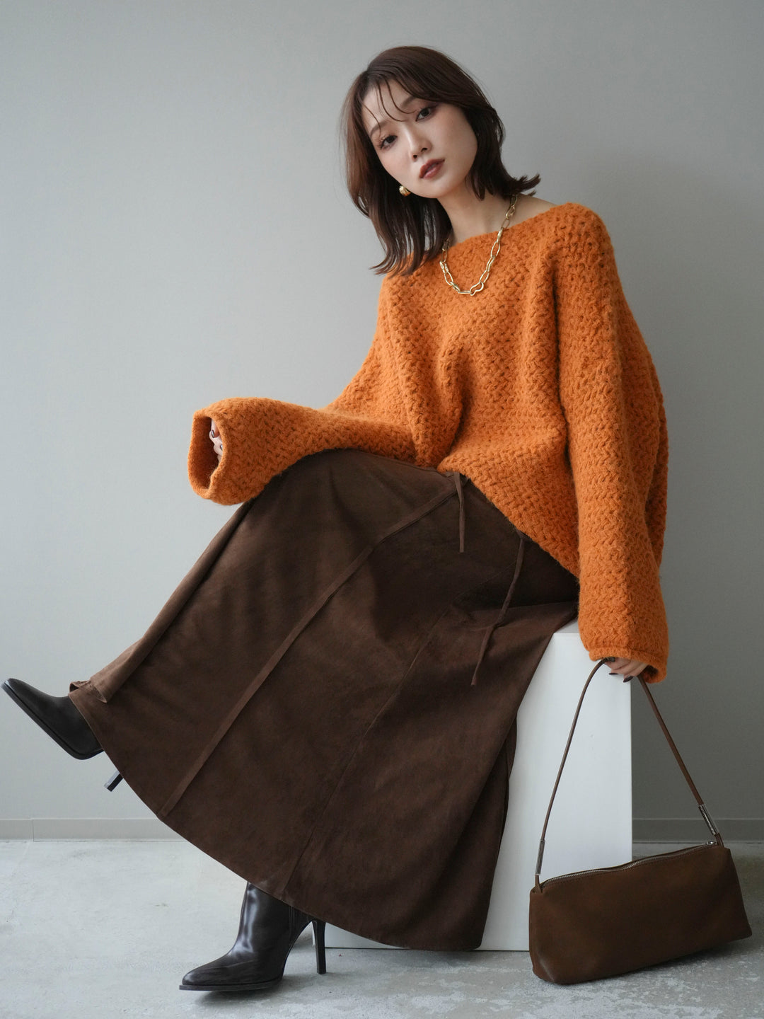 [予約]ワッフル編みオーバーニットプルオーバー/mustard