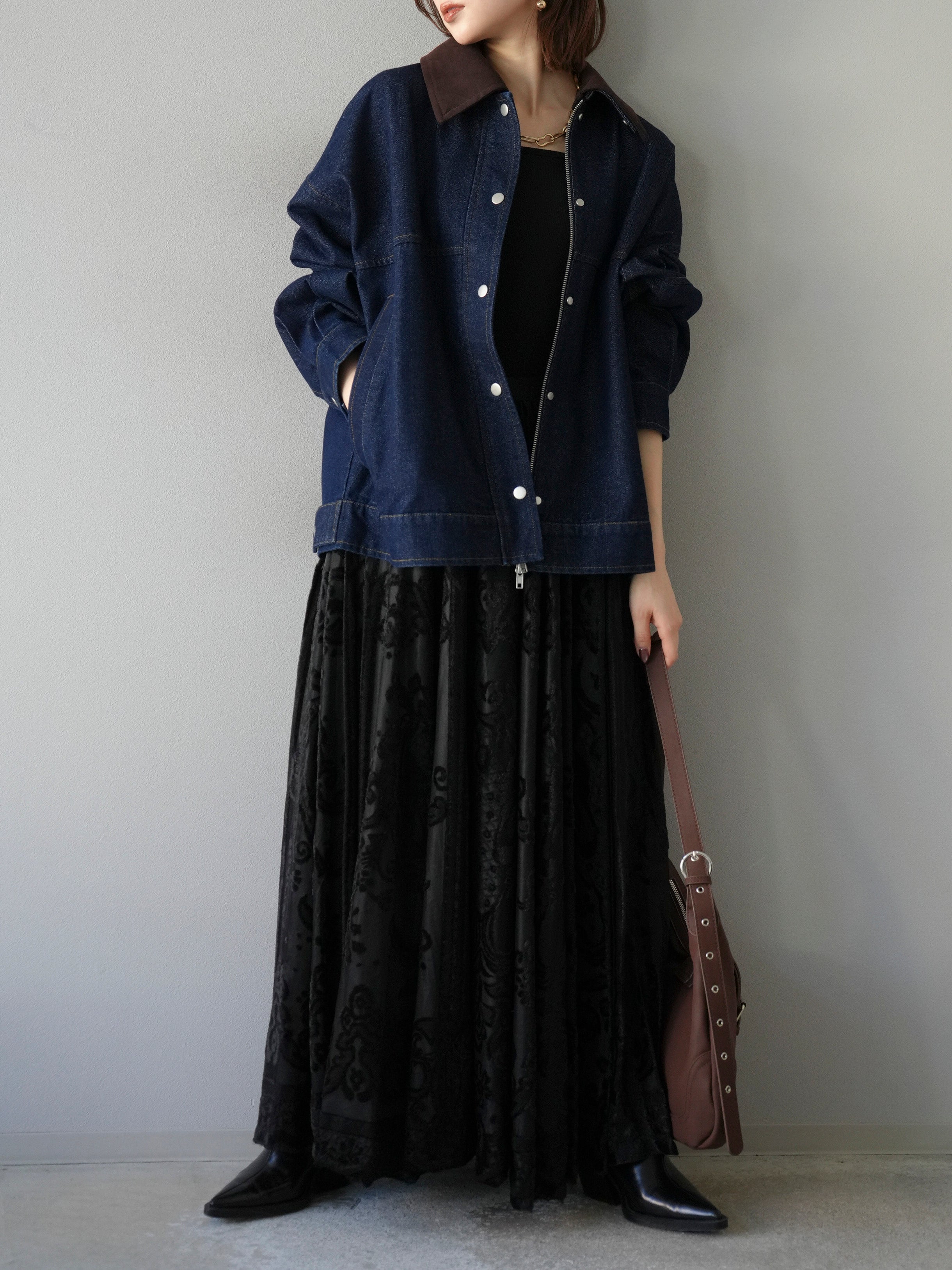 予約]スウェード襟切替デニムブルゾン/インディゴ – Lumier