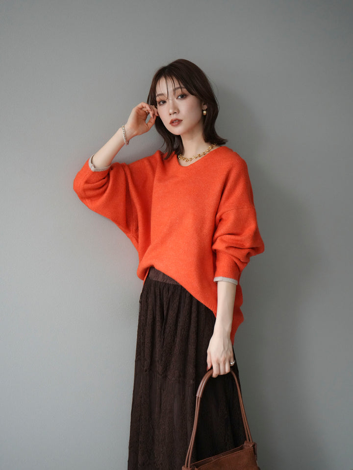 【預購】V領拼色袖針織套頭衫/橘色